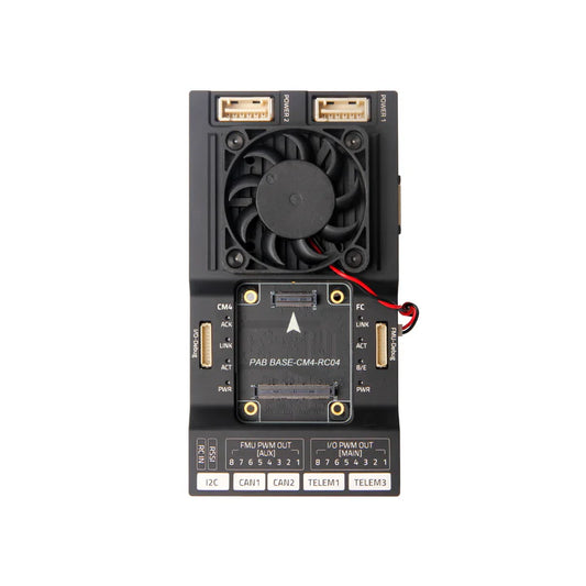 Electronic component with a fan and various connectors on a white background