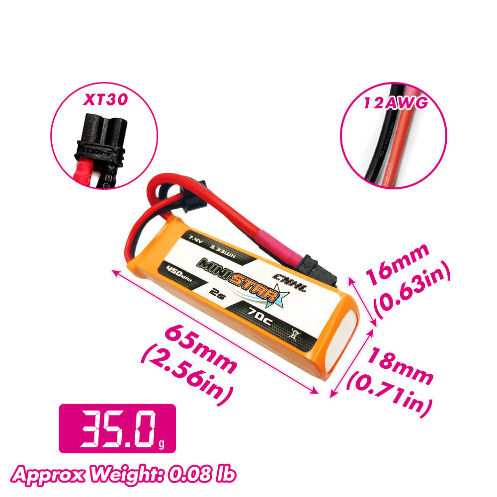 CNHL MiniStar 450mAh 7.4V 2S 70C Lipo Battery with XT30U