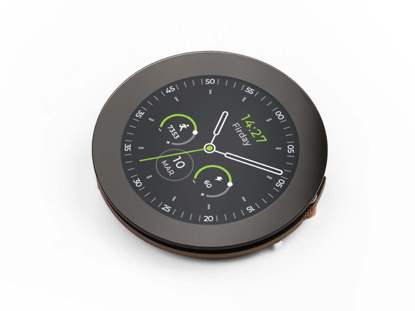 Round digital display with a black border on a white background