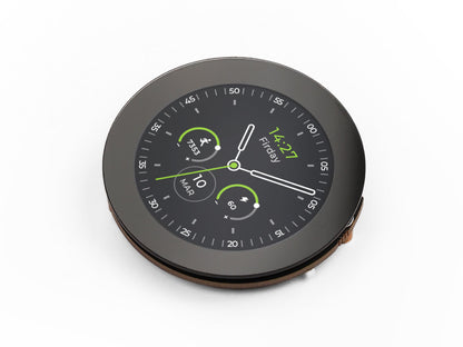 Round digital display with a black border on a white background