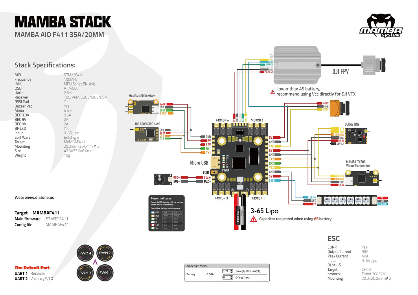 Diatone Mamba F411 AIO - F411 FC + 35A 3-6S BLHeli_S ESC - Internal USB