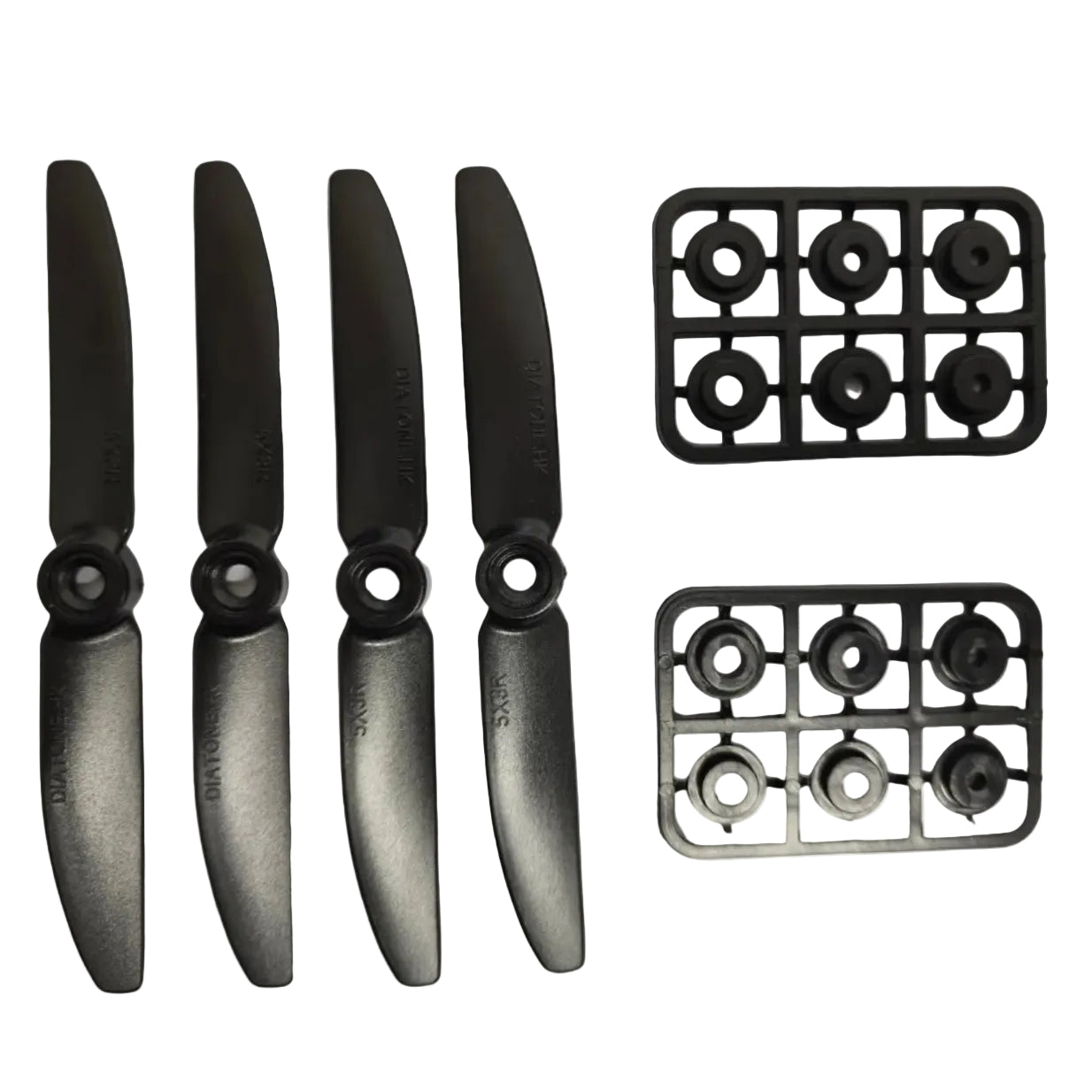 Four black propellers on a white background with two black metal grids.