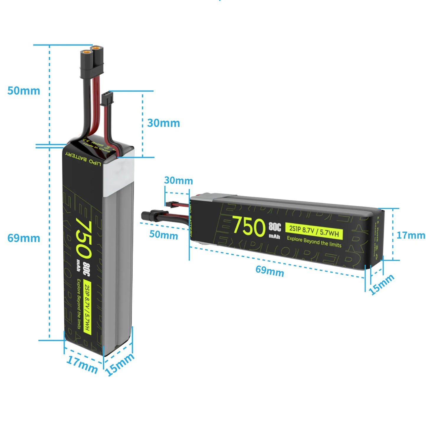 2PCS Explorer 750mAh HV 2S 80C Lipo Battery for tiny quad XT30