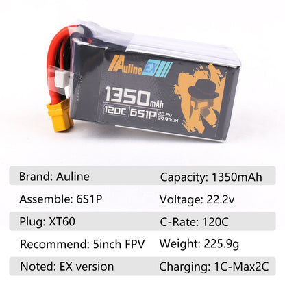 AuLine 1350mAh 6S 22.2V 120C XT60 Lipo Battery