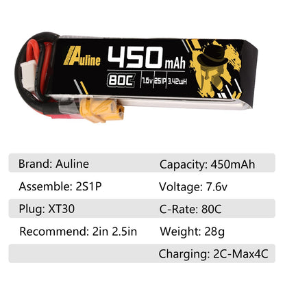 AuLine 450mAh 2S 7.6V HV 80C XT30 Lipo Battery (2 pack)
