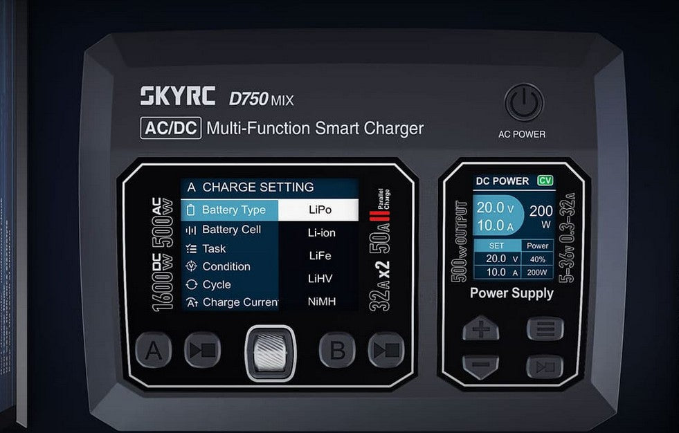 SkyRC D750 MIX Dual Channel 1600W Smart AC/DC Charger & DC Power Supply (1-8S)