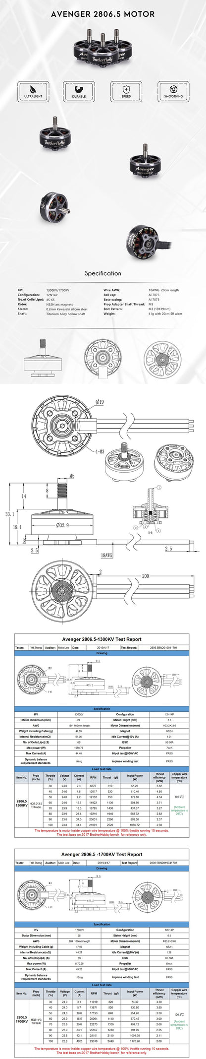BrotherHobby Avenger 2806.5 Motor (870Kv, 1300Kv, 1700KV)