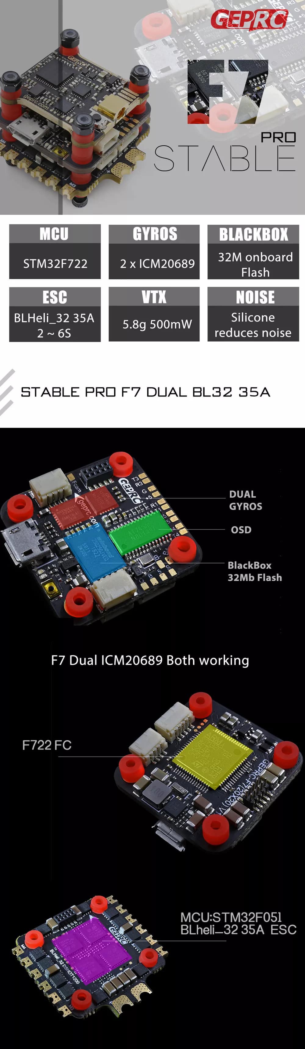 GepRC Stable Pro F7 Dual BL32 35A 2-6S Flight Stack