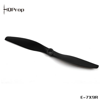 A matte black two-blade drone propeller, model E-7X9R, shown diagonally on a clean white background with the HQProp brand logo in the top-left corner.