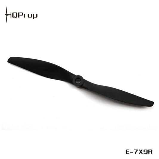 A matte black two-blade drone propeller, model E-7X9R, shown diagonally on a clean white background with the HQProp brand logo in the top-left corner.