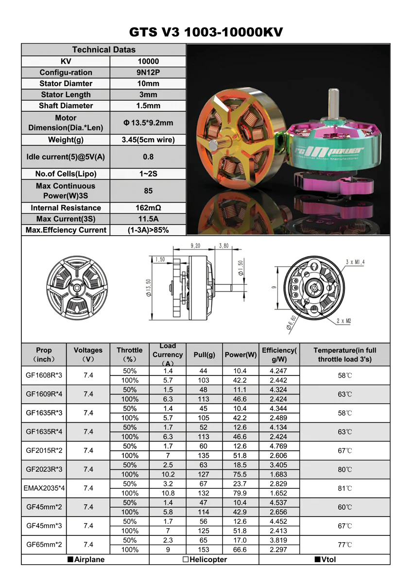 RCinPower GTS V3 1003 1S Drone Motor