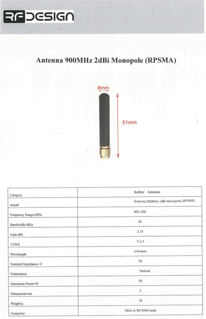 RFDesign 900MHz 2dBi Quarter Wave Monopole Antenna (RPSMA)
