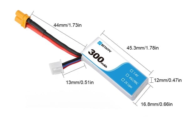 BetaFPV 300mAh 2S 45C Lipo Battery (2pcs)
