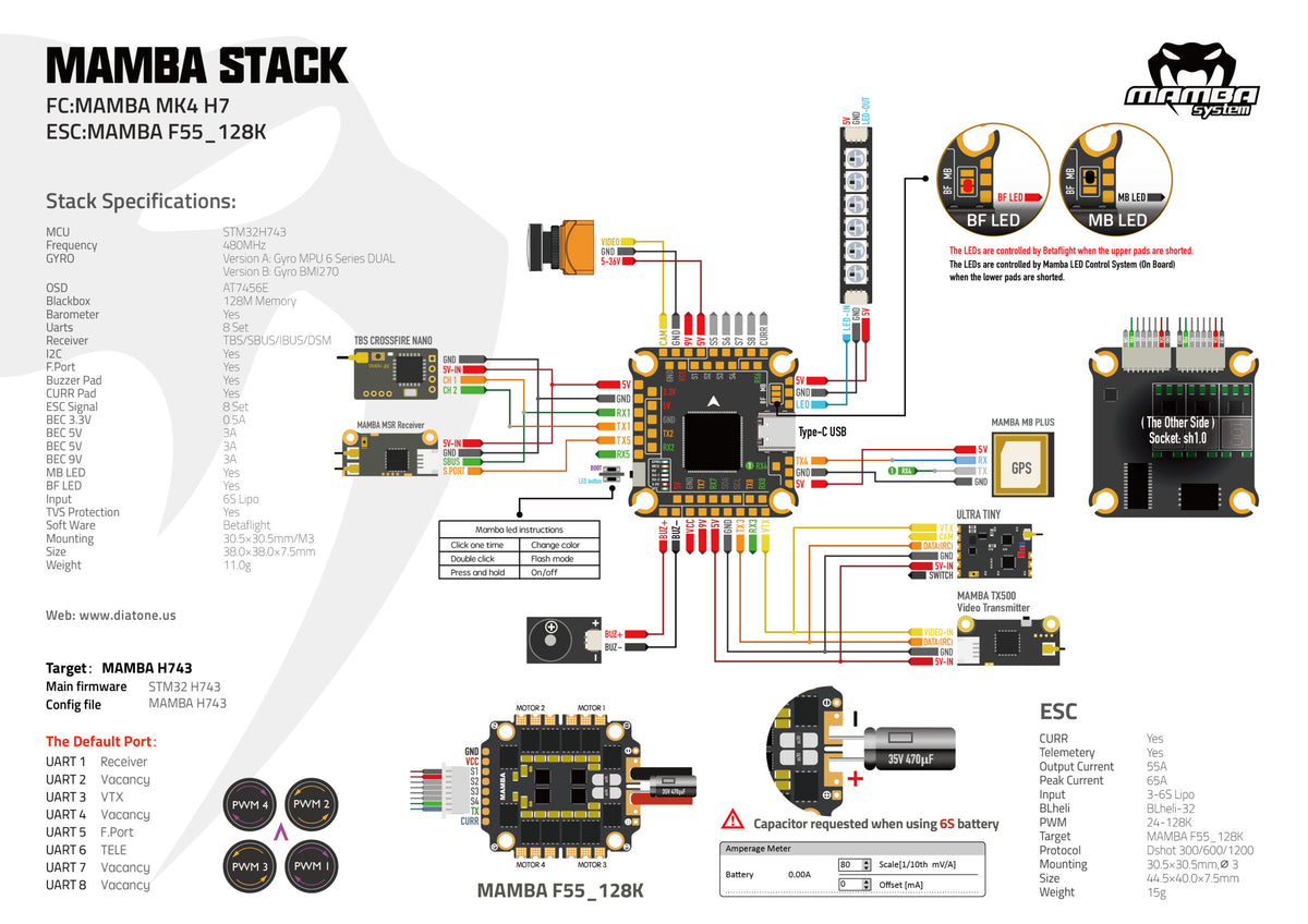 Mamba Stack Pinout Mamba Stack H743 V2 MK4 Stack 55A_128k 6S 32Bit – Unmanned Tech