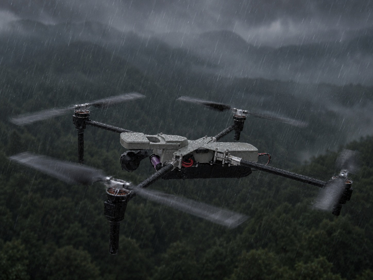 Drone flying over a forest during a stormy night