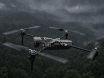 Drone flying over a forest during a stormy night