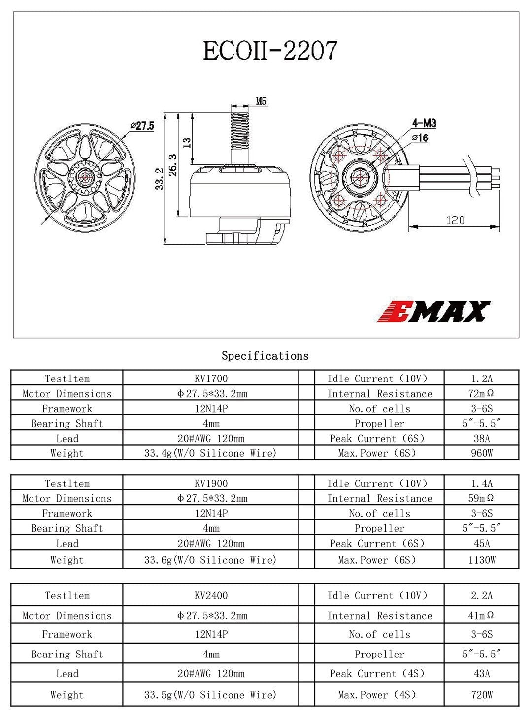 EMAX ECO II Series 2207 Motor (1700kV, 1900kV 2400kV)