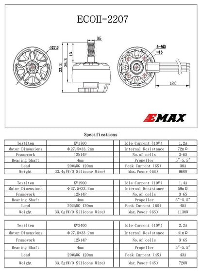 EMAX ECO II Series 2207 Motor (1700kV, 1900kV 2400kV)