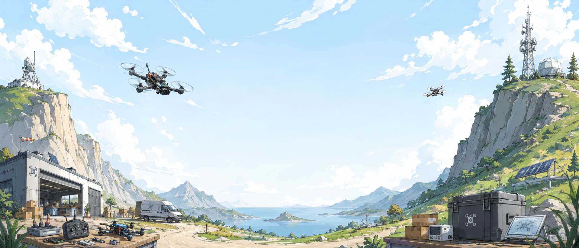 Scenic landscape with mountains, a lake, and a drone flying over a base.