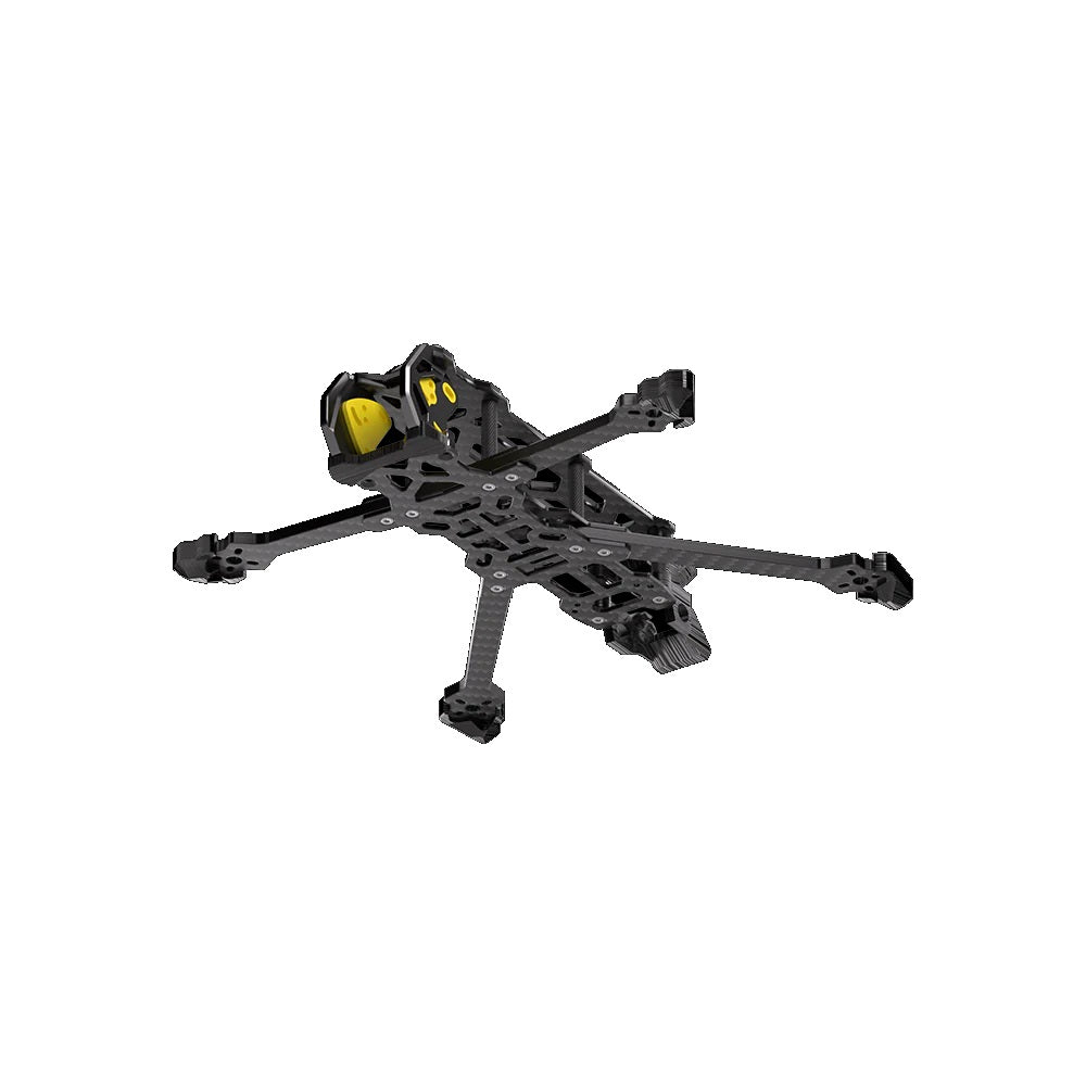 Black drone frame with yellow accents on a white background