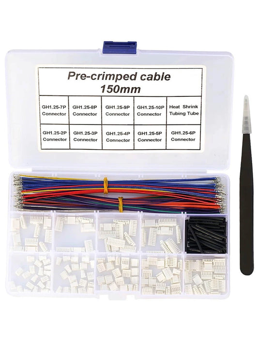 Pre-crimped cable kit with connectors, heat shrink tubing, and a tool on a white background