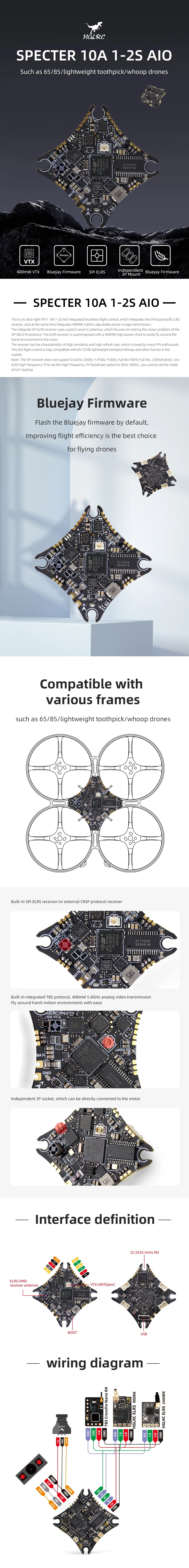 HGLRC Specter F411 1-2S AIO Whoop/Toothpick Flight Controller (w/ 10A 8Bit 4in1 ESC & 400mW VTX) - ELRS 2.4GHz (SPI)