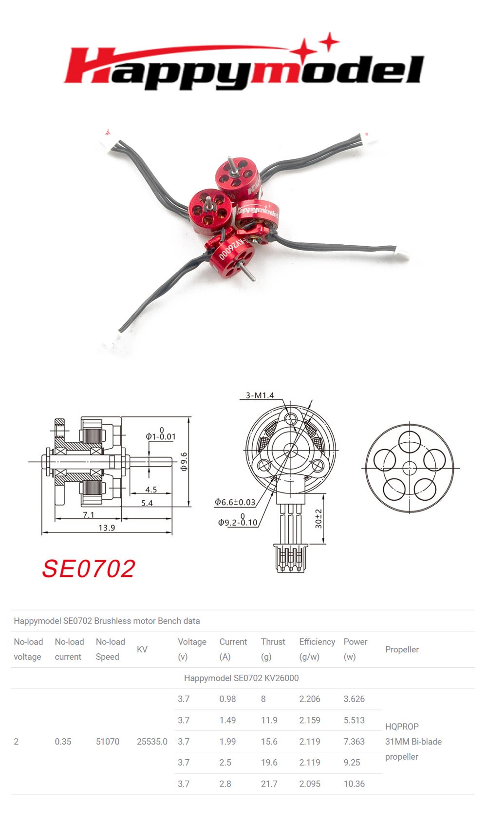 HappyModel SE0702 Brushless Motor (23000kV, 26000kV)