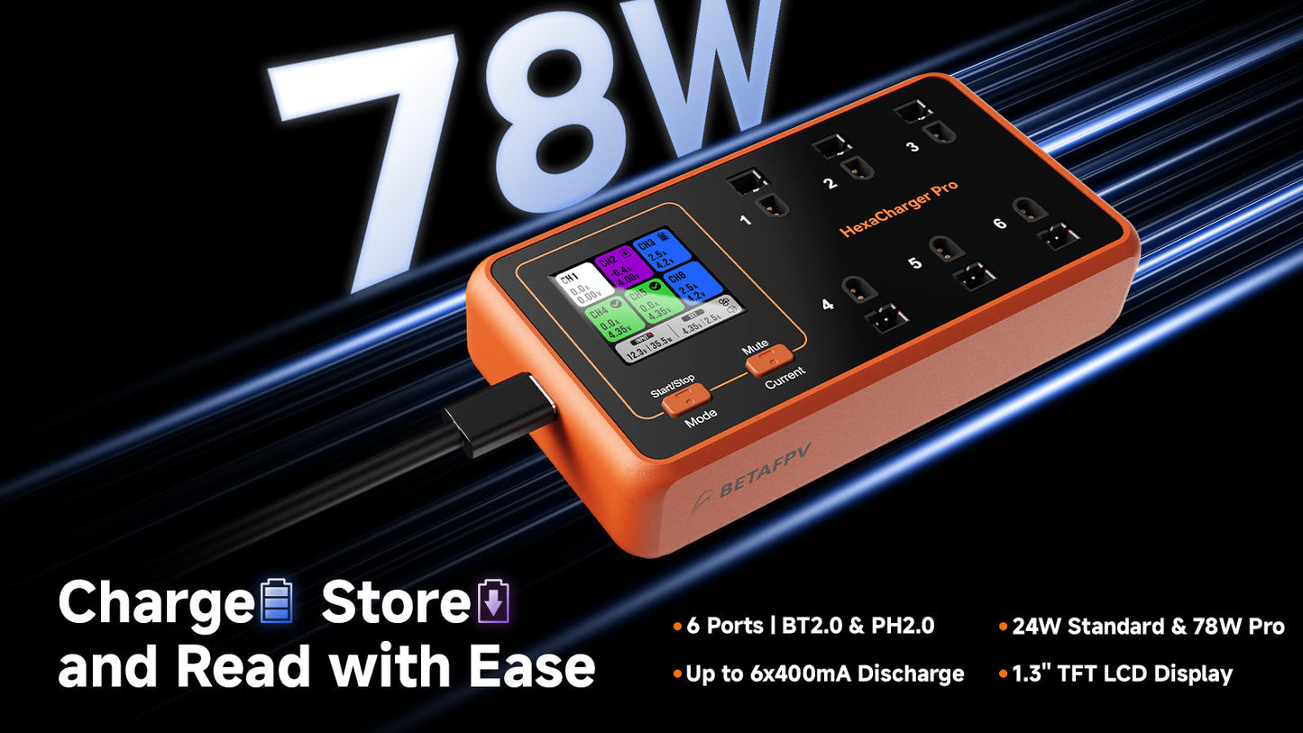 BETAFPV HexaCharger: 6-Port 1S LiPo Charger (BT2.0/PH2.0)