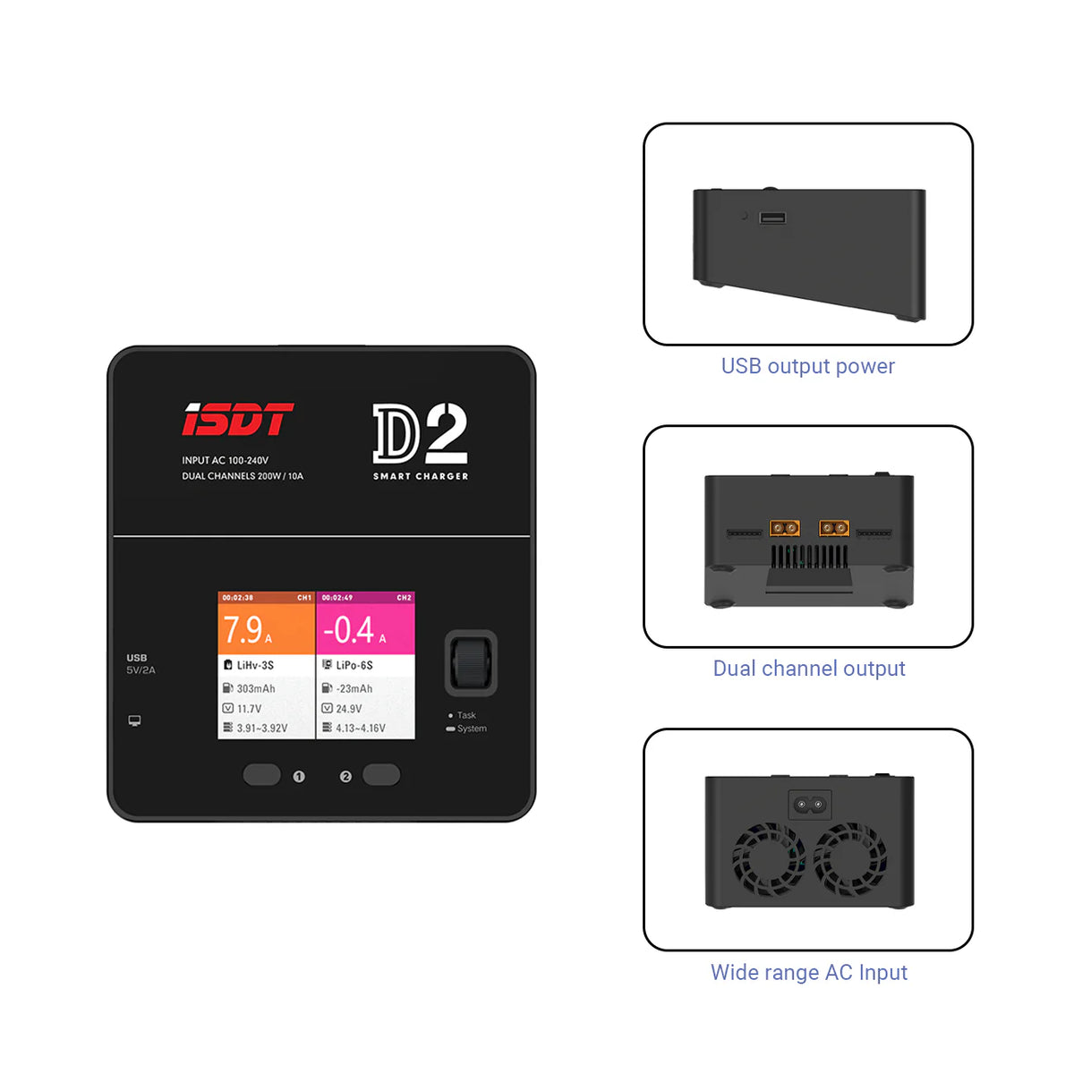 ISDT Chargeur de batterie Lipo D2 MK2 avec AC 2 x 200 W double mode de sortie, chargeur Lipo intelligent Hobby pour batterie intelligente 1-6S Li-ion Life NiCd NiMH LiHV PB ISDT Chargeur de batterie Lipo D2 MK2 avec AC 2 x 200 W double mode de sortie, chargeur Lipo intelligent Hobby pour batterie intelligente 1-6S Li-ion Life NiCd NiMH LiHV PB