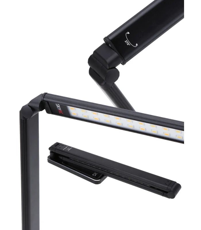 Black adjustable desk lamp with LED light on a white background