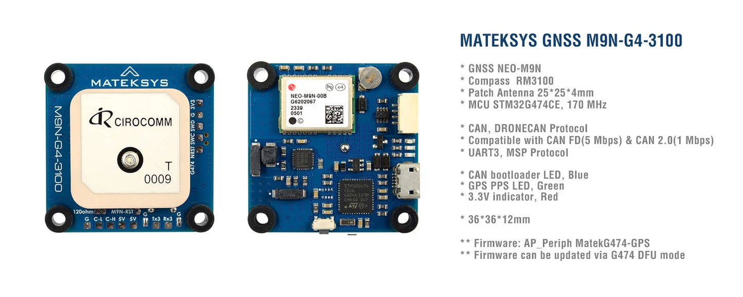 Matek AP_PERIPH DroneCAN GNSS M9N-G4-3100 (GPS+Compass)