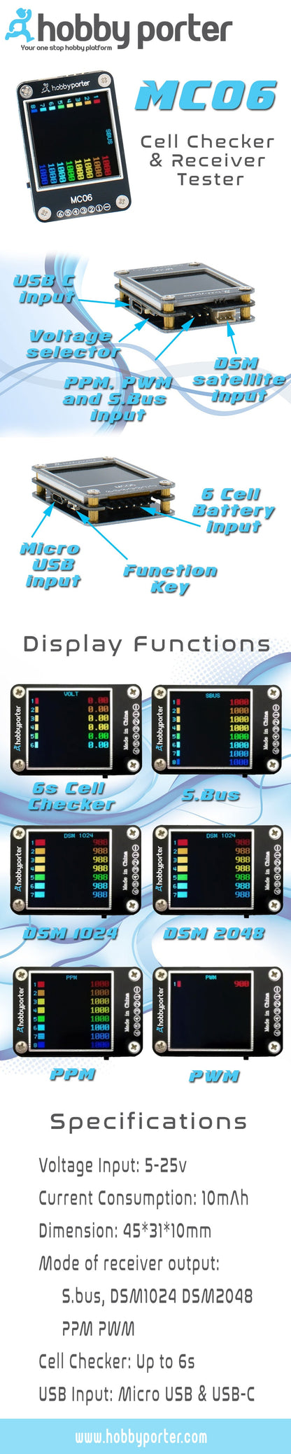 Hobby Porter MC06 6s Battery & Receiver Checker/Tester