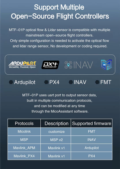 Capteur 2 EN 1 de flux optique et portée de 12m MicoAir MTF-01P - Ardupilot/PX4/Inav