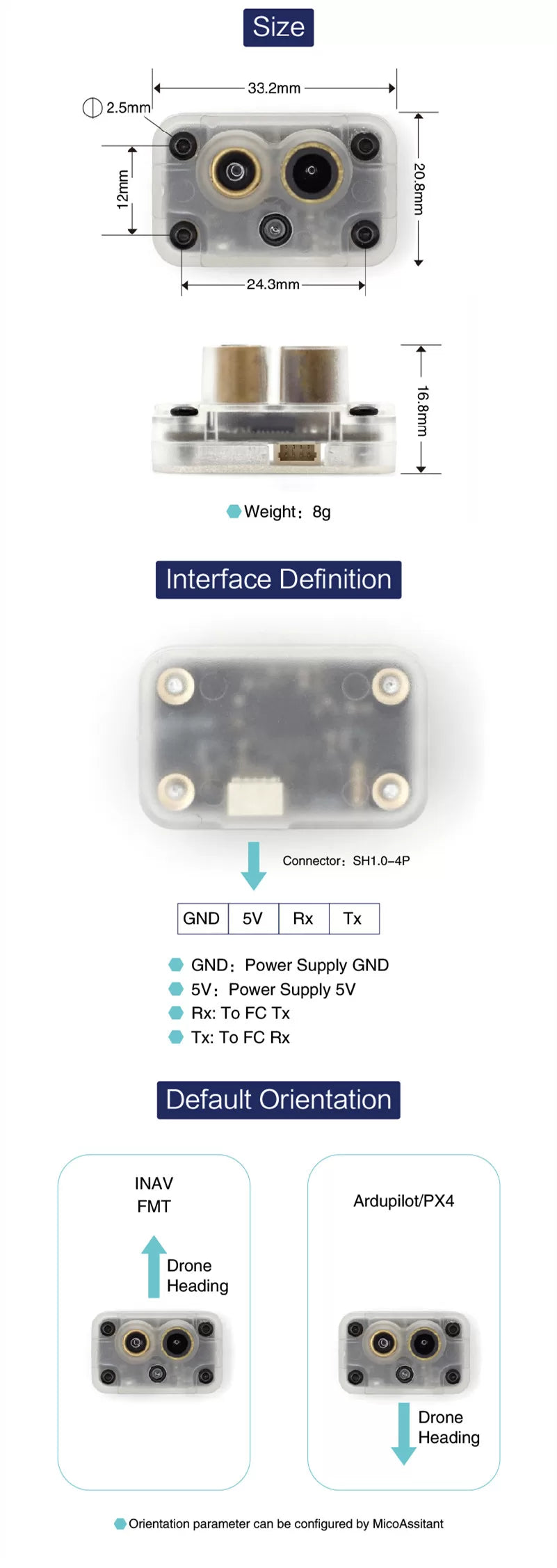 Capteur 2 EN 1 de flux optique et portée de 12m MicoAir MTF-01P - Ardupilot/PX4/Inav