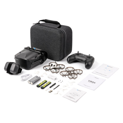 Drone kit with case, remote control, and accessories on a white background