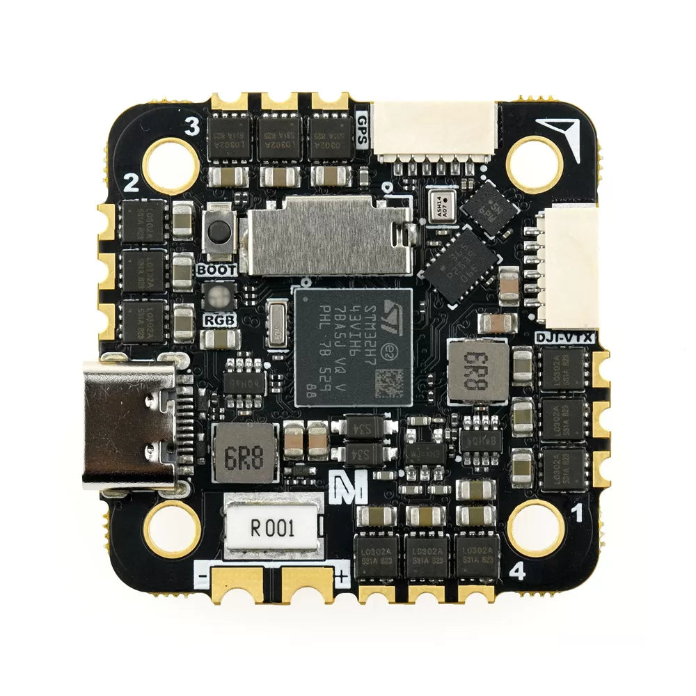 MicoAir743v2-AIO-35A flight controller, component-side view