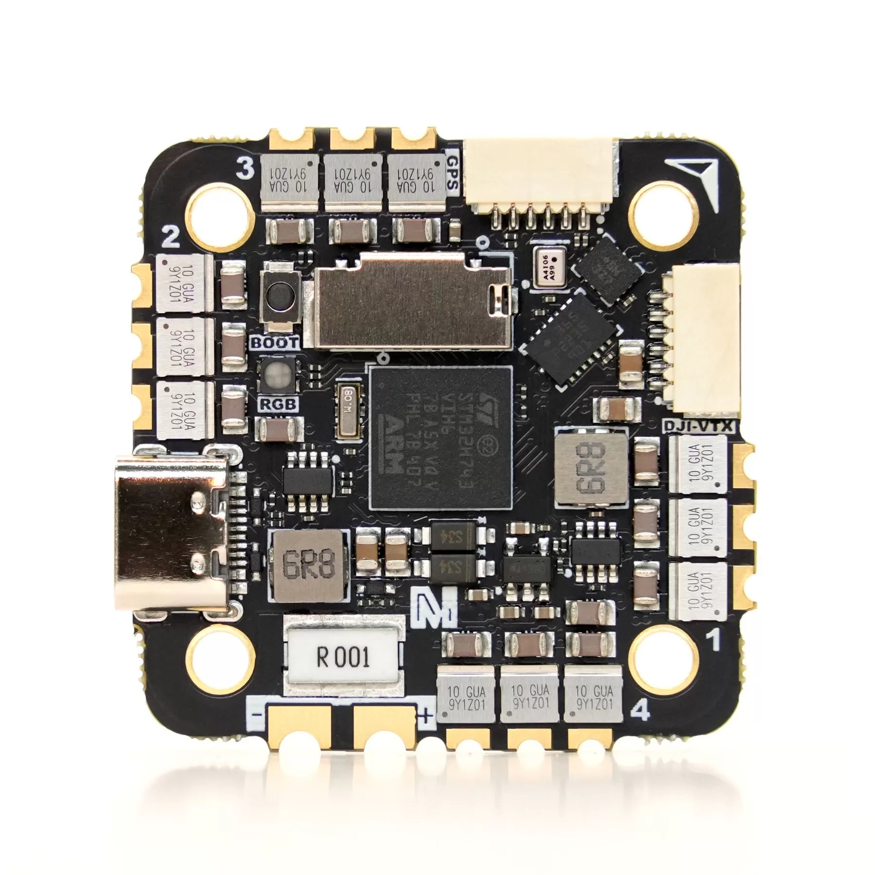 Electronic circuit board with various components on a white background