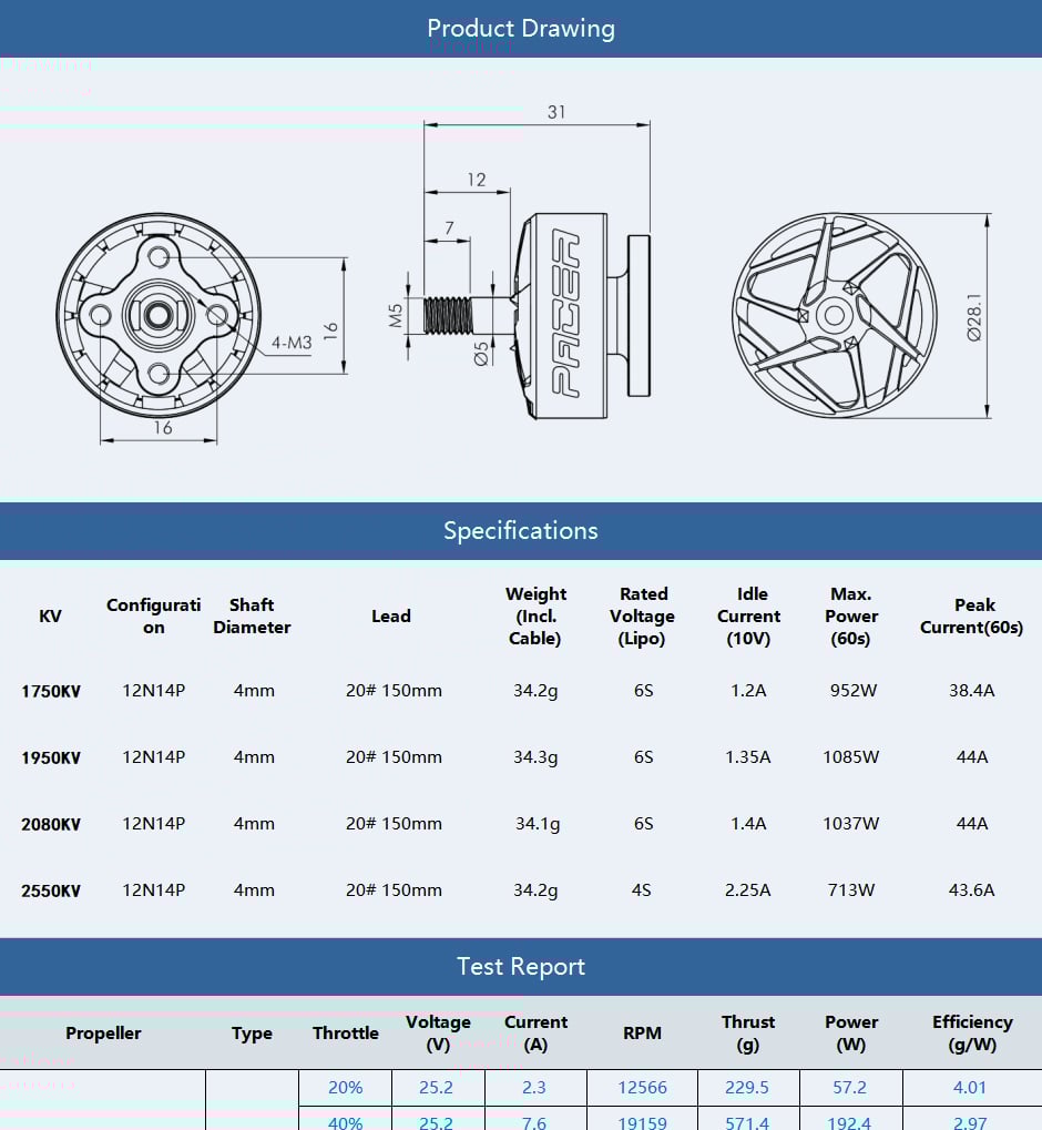 T-Motor PACER P2207 V3 Motor (1750kV, 1950kV, 2080VkV, 2550kV)