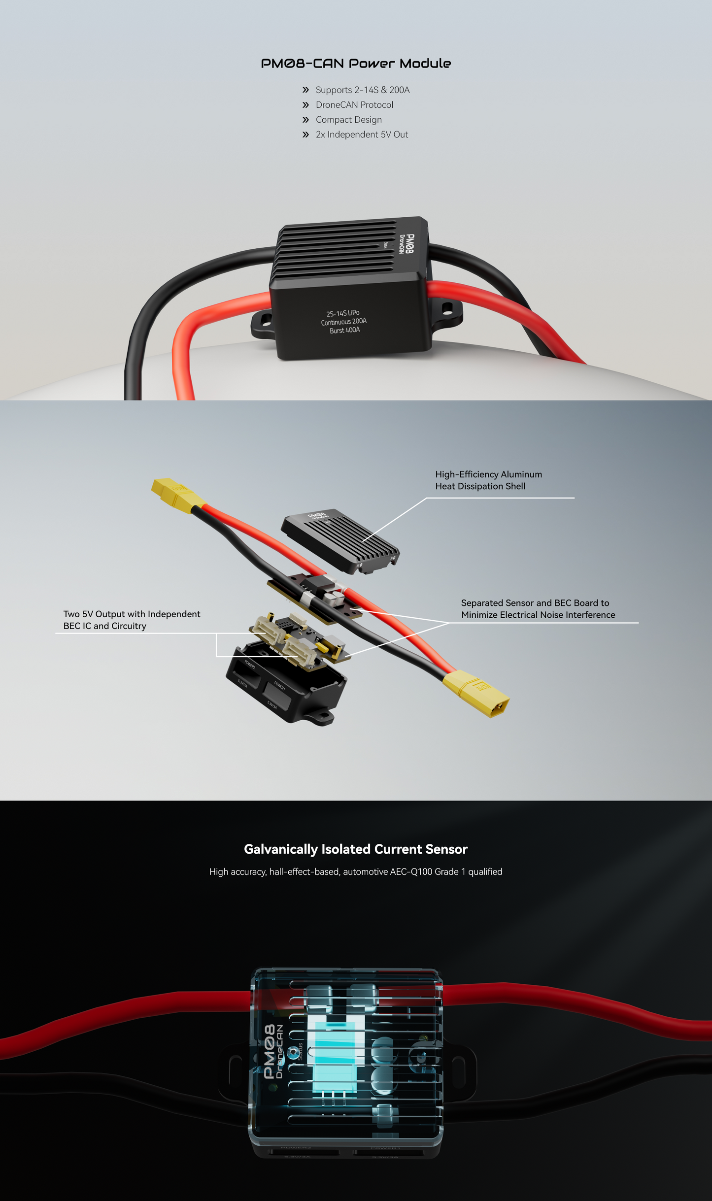 PM08-CAN 14S 200A High-Voltage DroneCAN Power Module