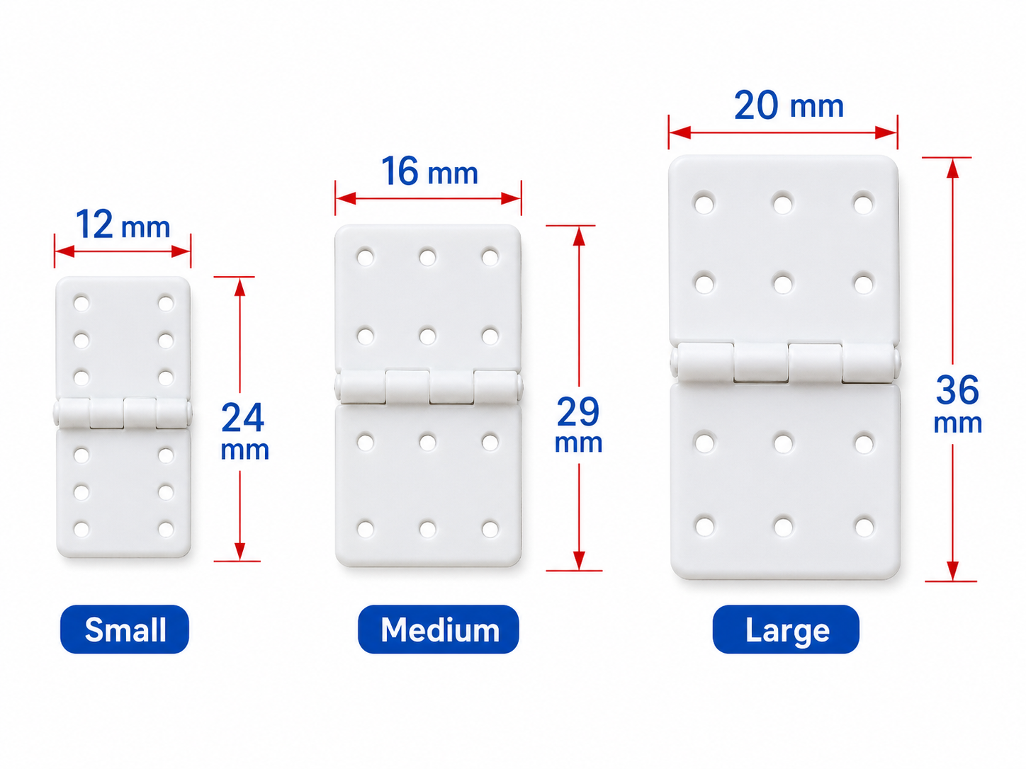 Three sizes of white hinges with measurements labeled on a white background