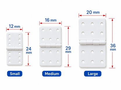 Three sizes of white hinges with measurements labeled on a white background