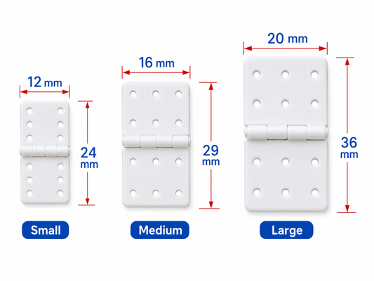 Three sizes of white hinges with measurements labeled on a white background