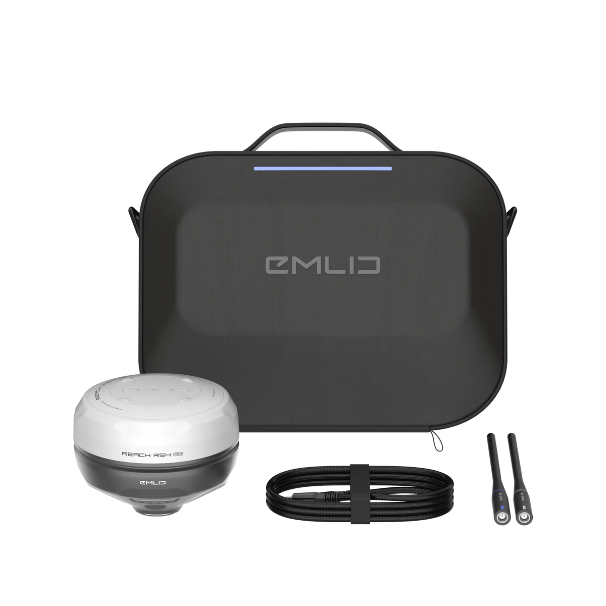 EMUD product set with black carrying case, white and black device, and cables on a white background