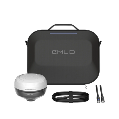 EMUD product set with black carrying case, white and black device, and cables on a white background