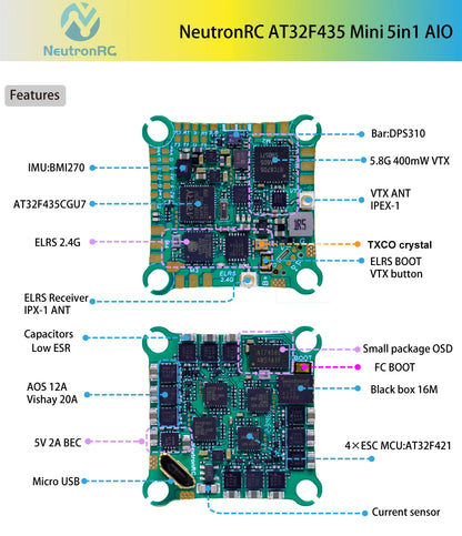 NeutronRC AT32F435 Mini 5in1 ELRS AIO (12A 2S)