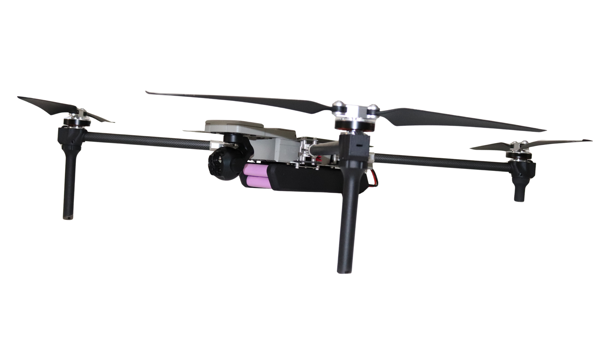 Black drone with propellers on a white background