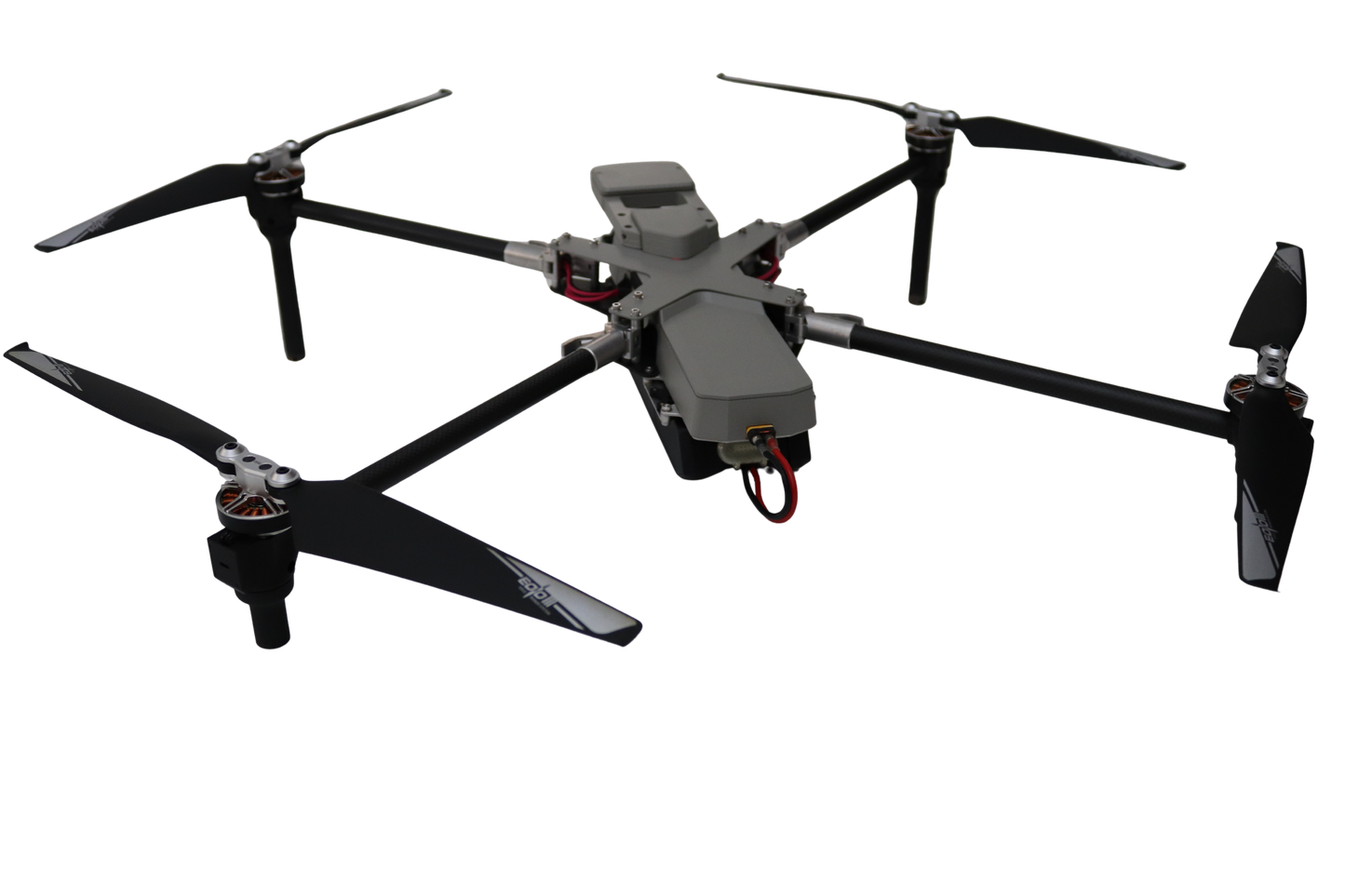 Black drone with propellers on a white background