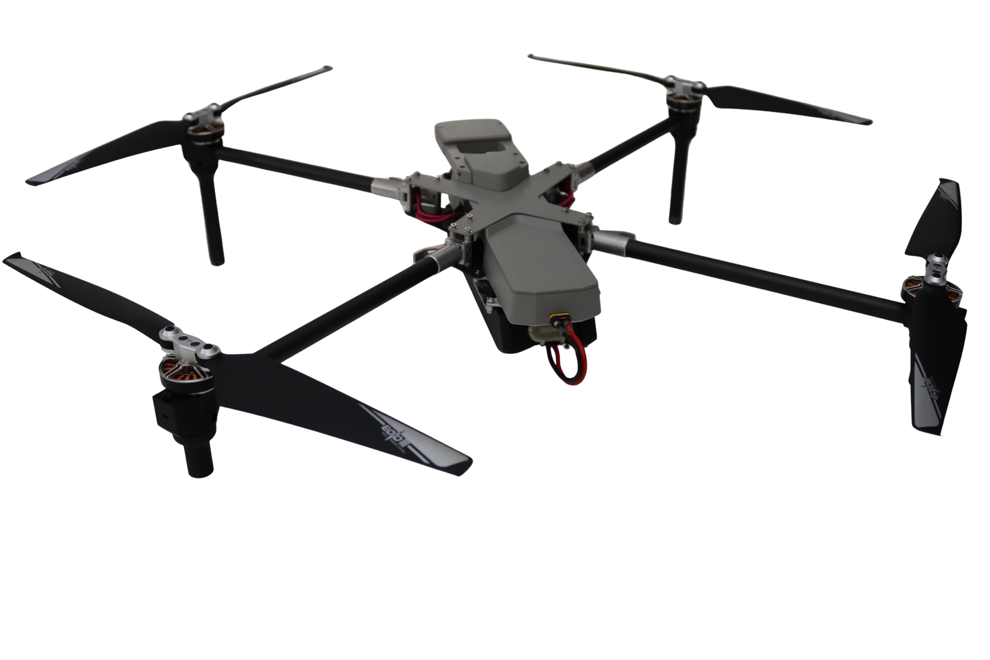 Black drone with propellers on a white background