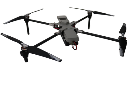 Black drone with propellers on a white background