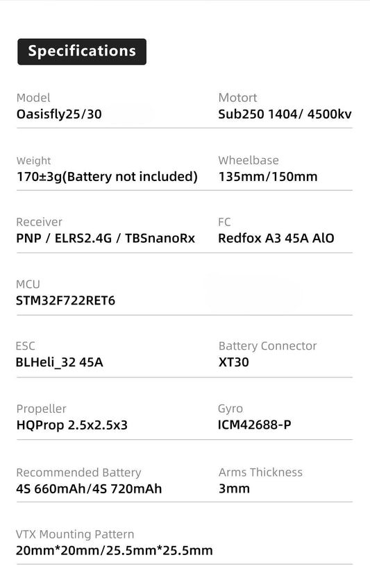 Sub250 OasisFly30 without O4 Pro, ELRS-ready airframe